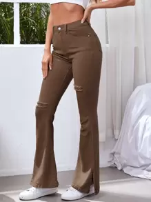 High Waist Ripped Flare Leg Jeans - Coffee Brown - View 1