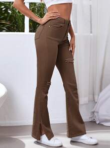 High Waist Ripped Flare Leg Jeans - Coffee Brown - View 3