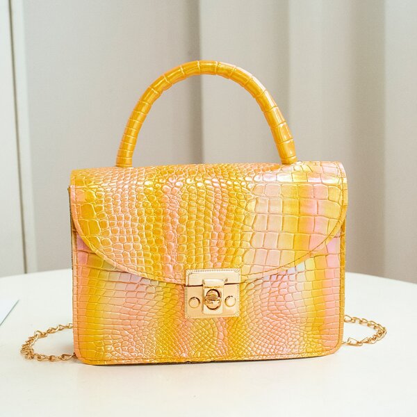 

Croc Embossed Flap Satchel Bag, Yellow