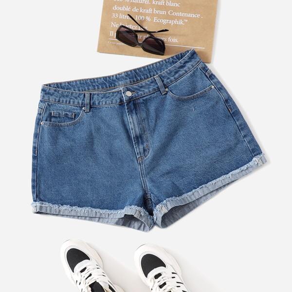 

Plus Raw Hem Slant Pocket Denim Shorts, Dark wash