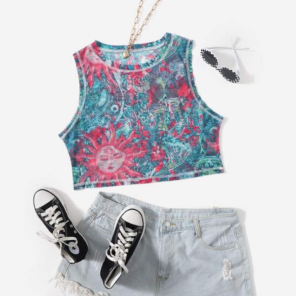

Plus Sun Print Mesh Tank Top, Multicolor