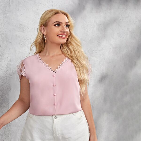 

Plus Contrast Lace Puff Sleeve Blouse, Dusty pink