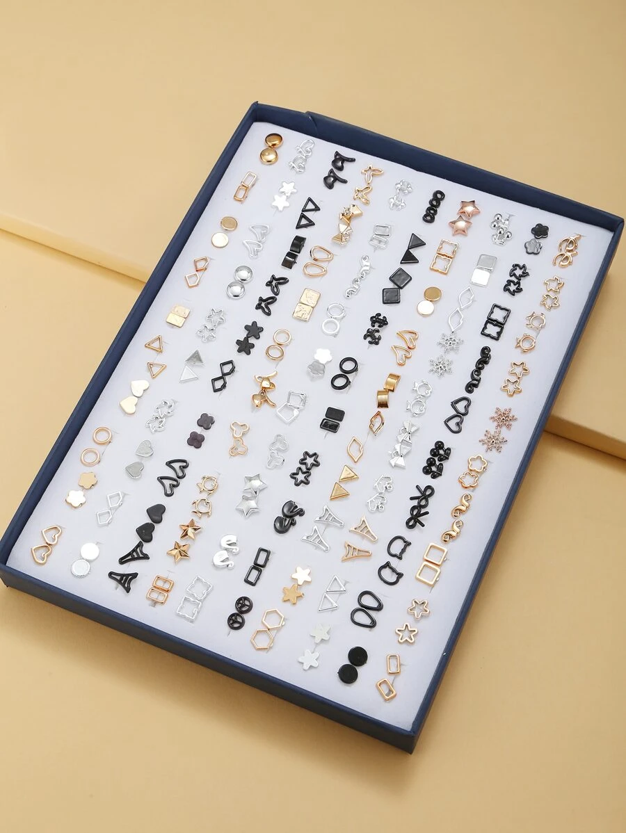 RINTOLER 100pcs/Set Assorted Minimalist Hollow Geometric Earrings, Plastic Stud Earrings, Sold With Box, Korean/Japanese Style - Multicolor - View 1