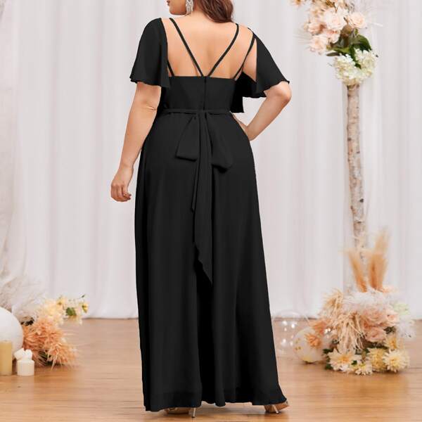 

Plus Chiffon Surplice Front Flutter Sleeve Prom Dress, Black