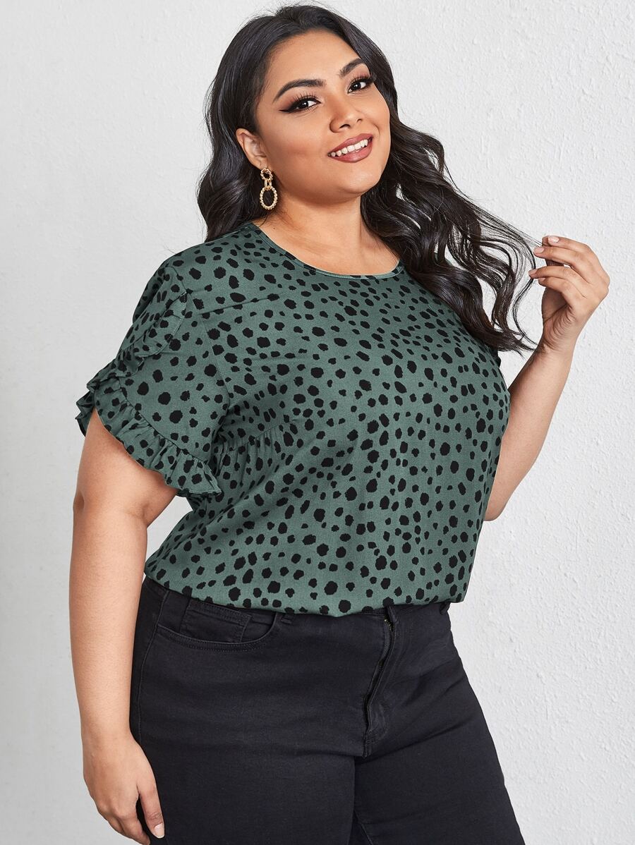 SHEIN LUNE 大碼斑點印花荷葉邊花瓣袖襯衫