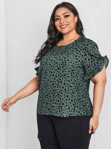 SHEIN LUNE 大碼斑點印花荷葉邊花瓣袖襯衫