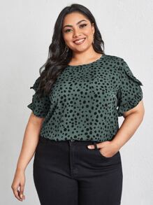 SHEIN LUNE 大碼斑點印花荷葉邊花瓣袖襯衫