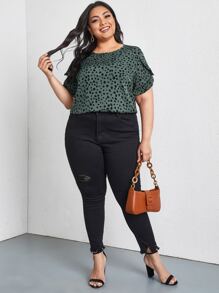 SHEIN LUNE 大碼斑點印花荷葉邊花瓣袖襯衫