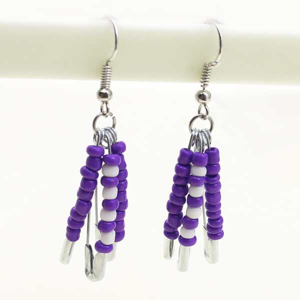 

Beaded Safety Pin Drop Earrings, Purple