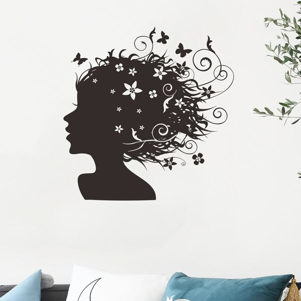 

1pc Floral & Figure Graphic Wall Sticker, Black