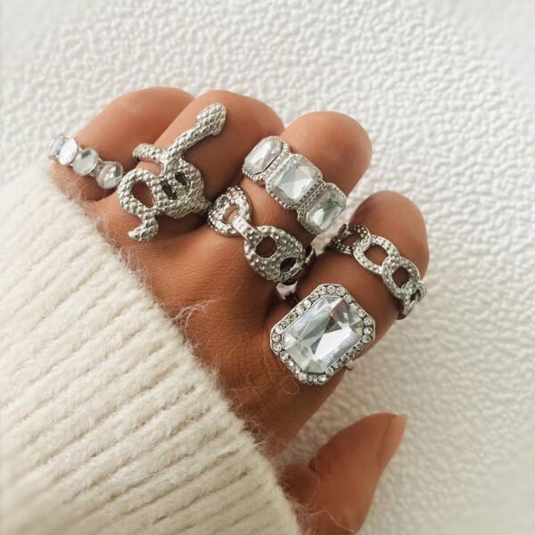 

6pcs Rhinestone Decor Chain Design Ring, Silver