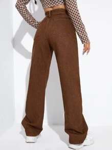 斜口袋直筒牛仔褲 - 咖啡棕 - 查看 4