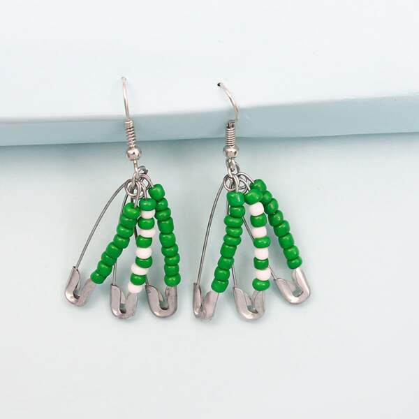 

Beaded Safety Pin Drop Earrings, Green