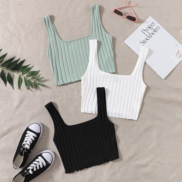 

3 Pack Lettuce Trim Rib-knit Crop Tank Top, Multicolor