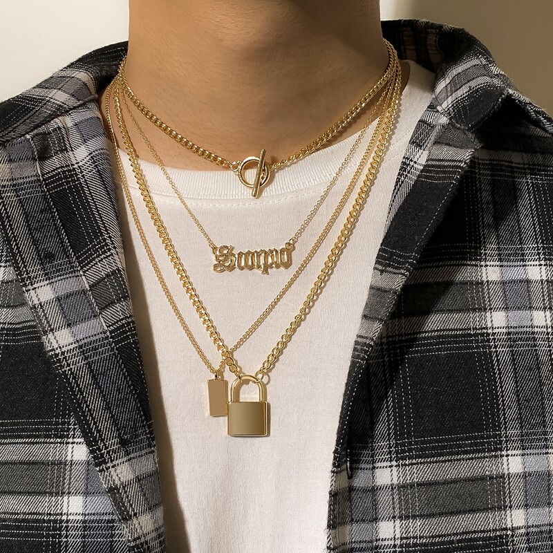 

Guys 2pcs Lock Decor Chain Necklace, Gold