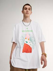 Camiseta De Hombro Caído Para Hombres Con Gráfico De Letras Y Números - Blanco - Ver 1