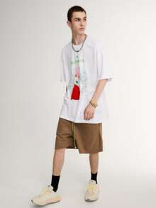 Camiseta De Hombro Caído Para Hombres Con Gráfico De Letras Y Números - Blanco - Ver 3