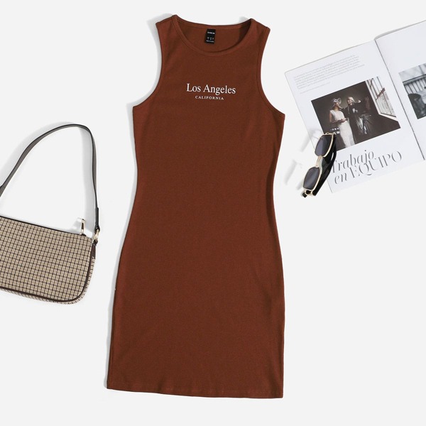 

Letter Graphic Rib-knit Dress, Brown