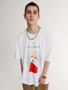 Camiseta De Hombro Caído Para Hombres Con Gráfico De Letras Y Números - Blanco - Ver 5