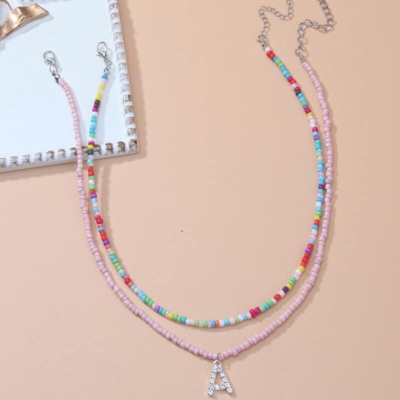 

2pcs Letter Beaded Necklace, Multicolor