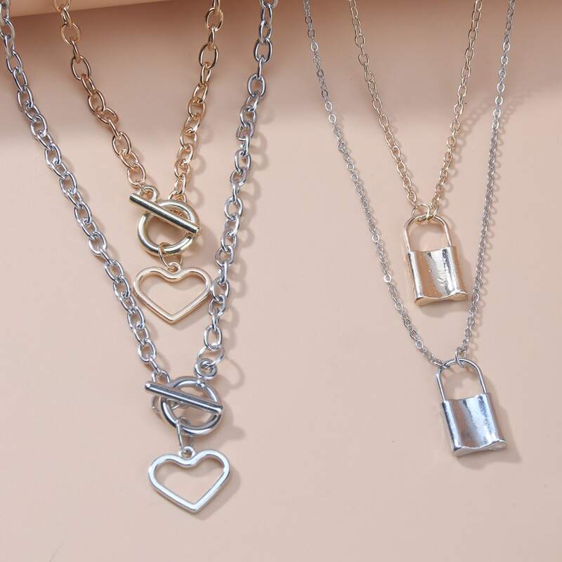 

4pcs Lock Pendant Chain Necklace, Multicolor