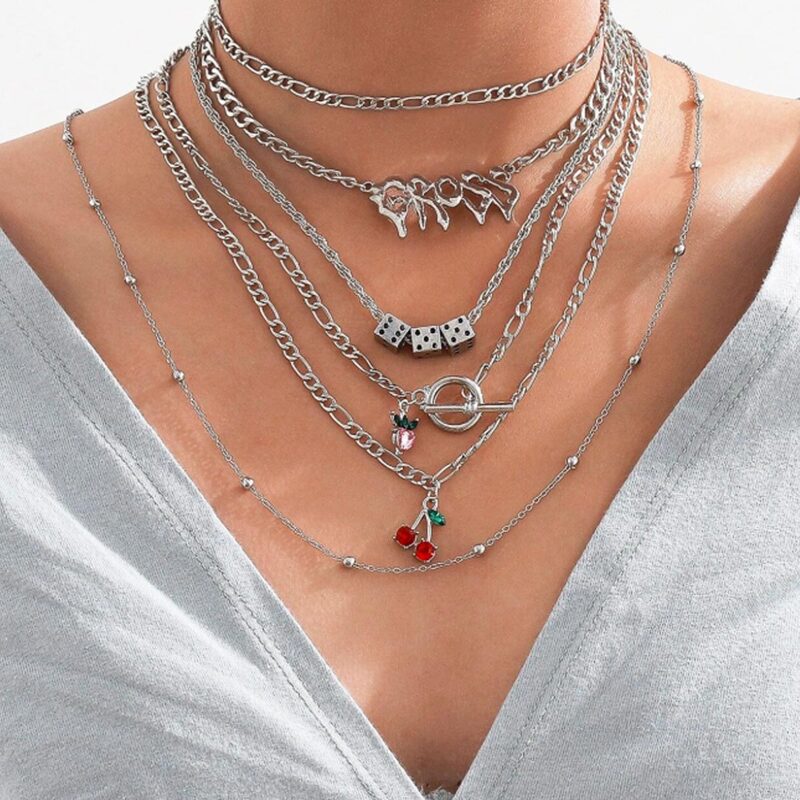 

6pcs Cherry Pendant Chain Necklace, Silver