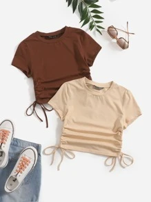 SHEIN EZwear 2 件装褶饰抽绳侧边 T 恤 - 彩色 - 查看 1