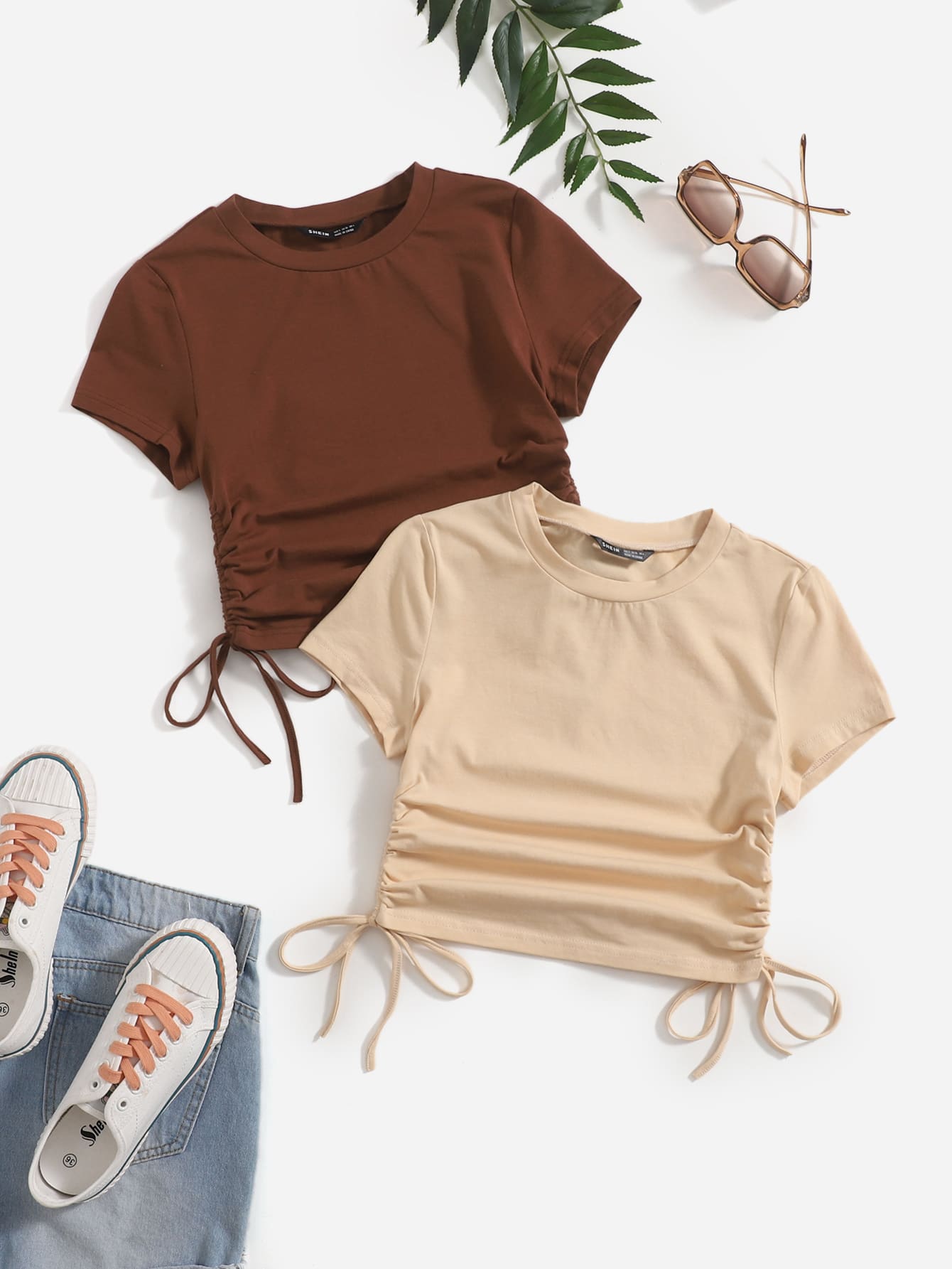 SHEIN EZwear 2 件装褶饰抽绳侧边 T 恤 - 彩色 - 查看 1