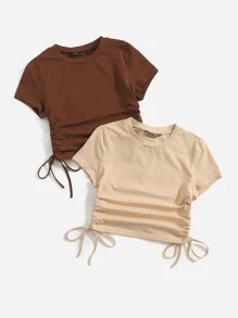SHEIN EZwear 2 件装褶饰抽绳侧边 T 恤 - 彩色 - 查看 4