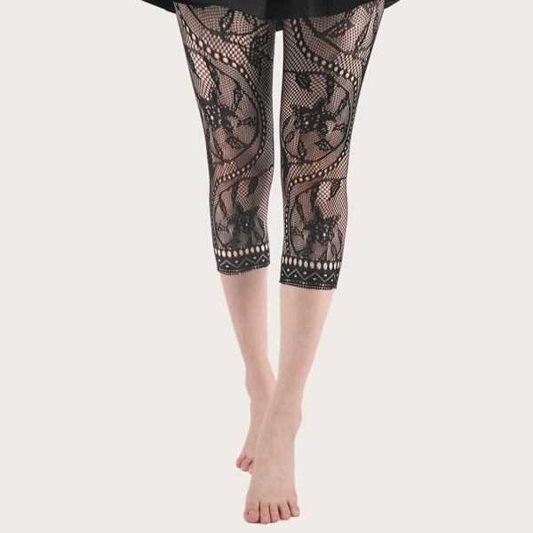 

Hollow Out Fishnet Capris Leggings, Black