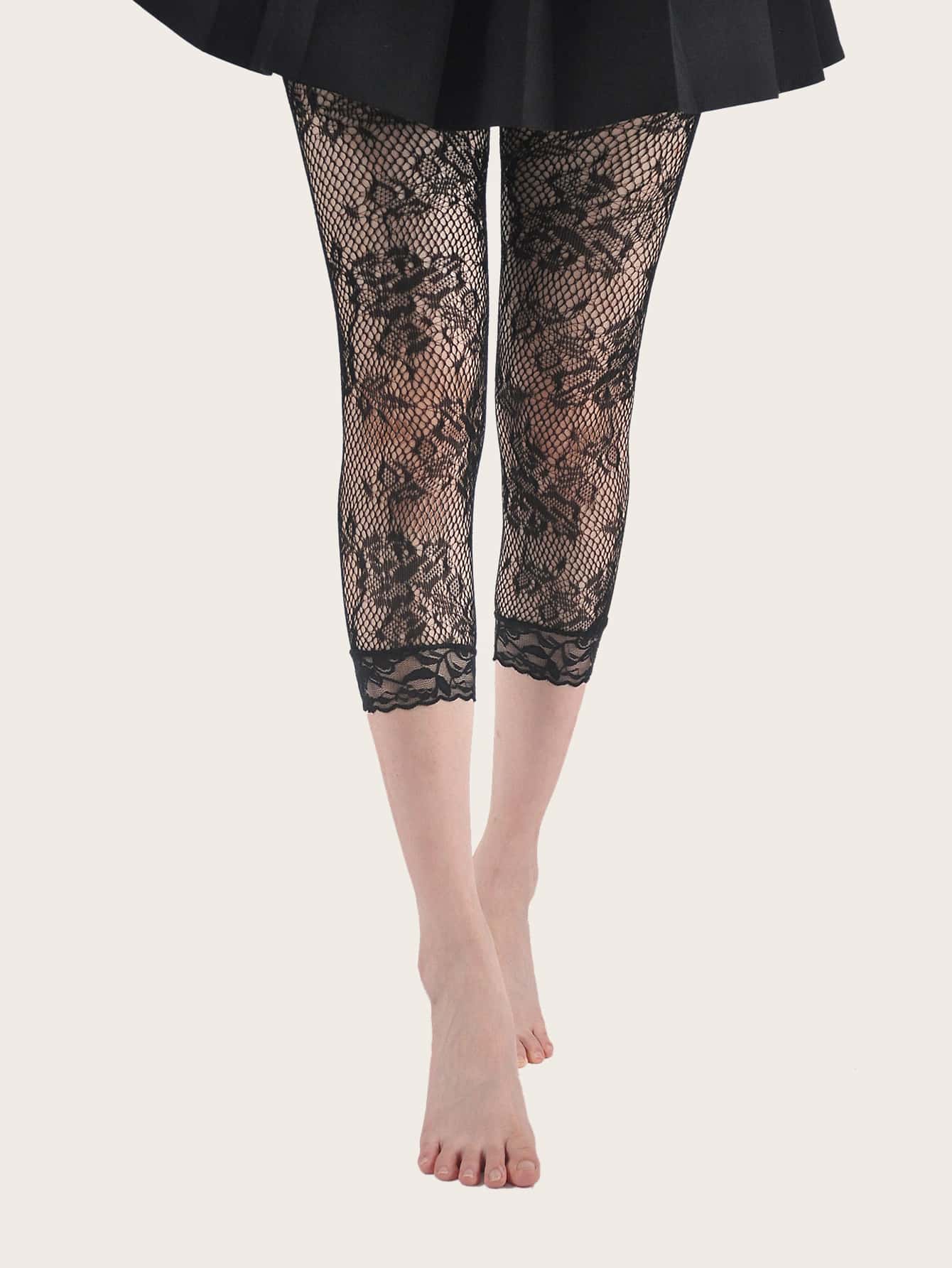 Hollow Out Fishnet Capris Tights - Black - View 1