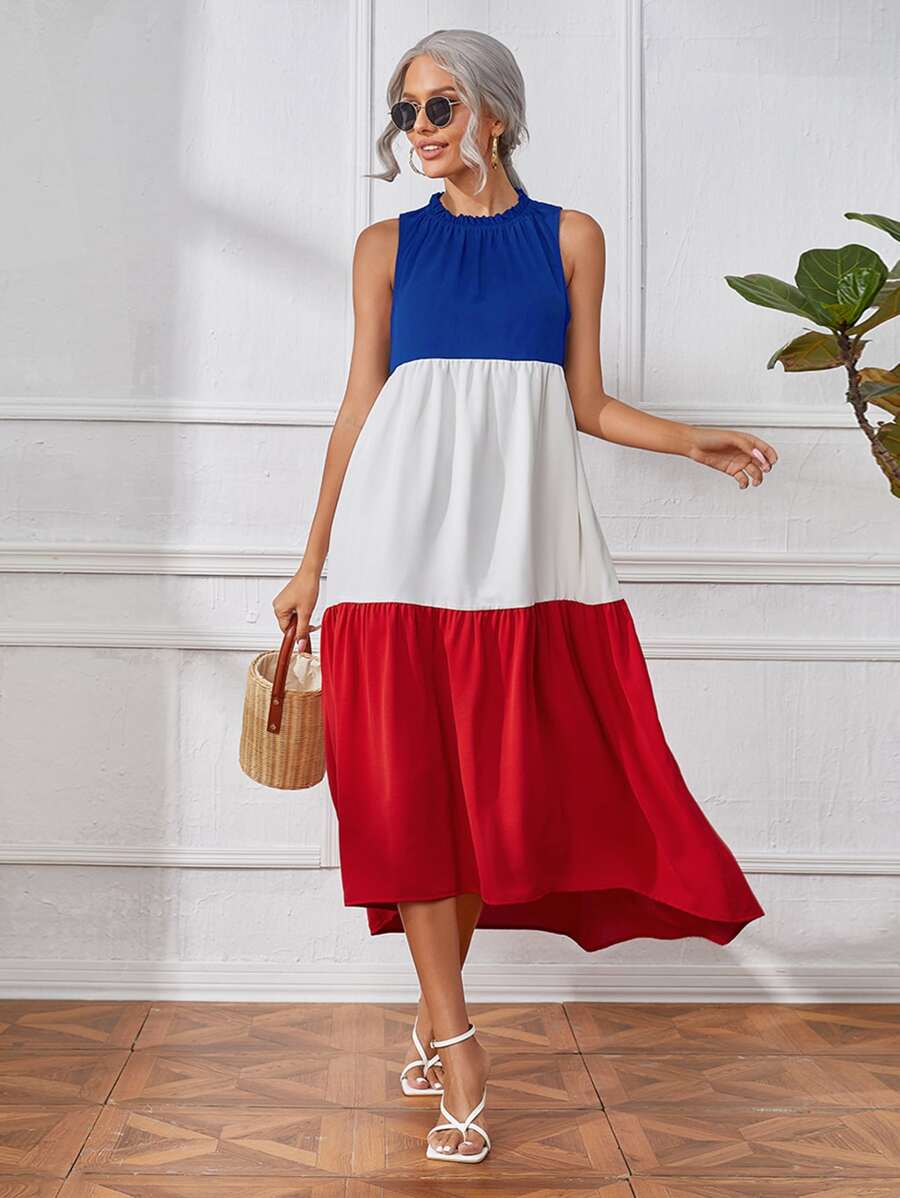 SHEIN Colourblock Frill Trim Smock Dress - Multicolor - View 1