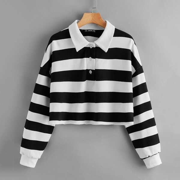 

Plus Stripe Print Drop Shoulder Half Button Pullover, Black and white