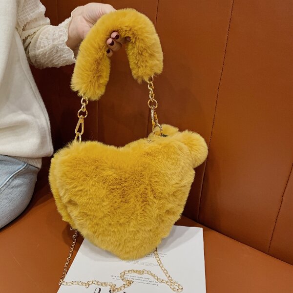 

Pom Pom Decor Heart Design Fluffy Shoulder Bag, Yellow