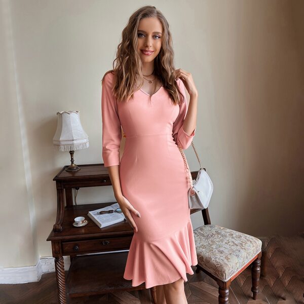 

V Neck Mermaid Hem Fitted Dress, Coral pink