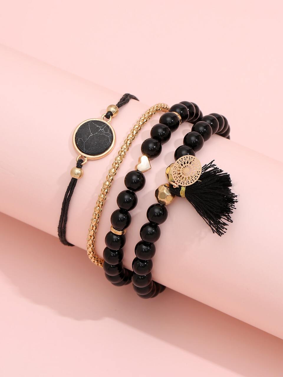 4pcs/Set Fashionable & Versatile Black Glass Bead Random Texture, Turquoise, Tassel, Heart Decor Layered Bracelet Set, Suitable For Women's Daily Wear