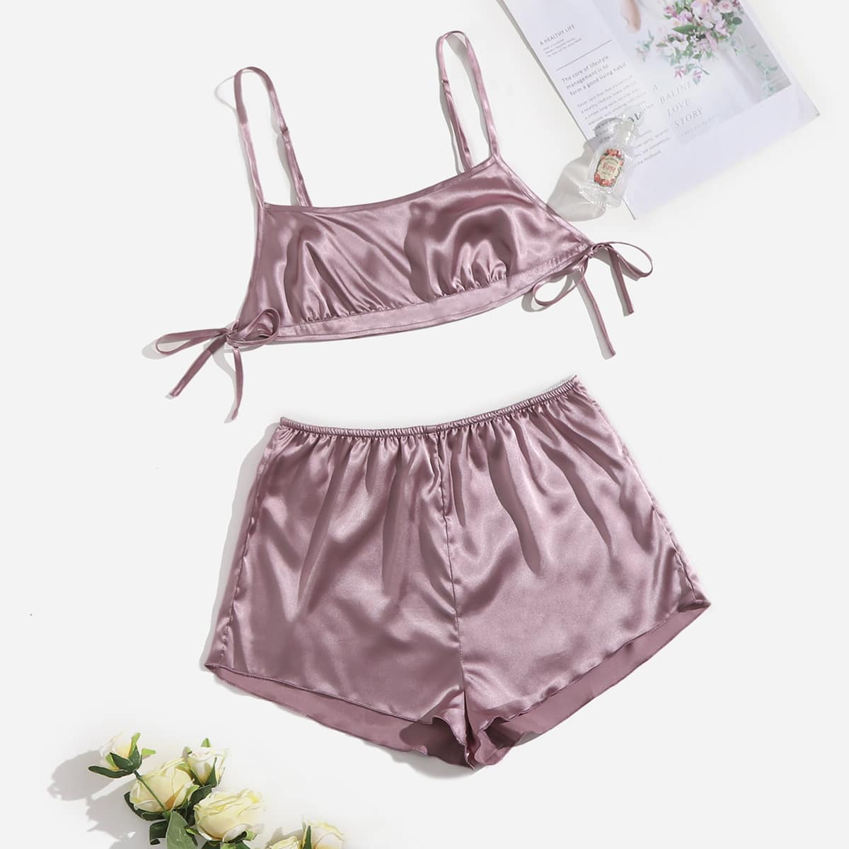 

Solid Tie Side Crop Satin Cami Night Set, Dusty purple