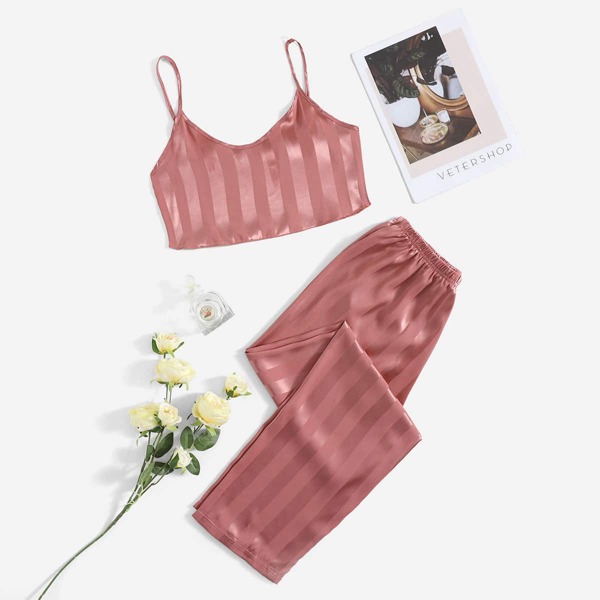 

Striped Satin Cami Top & Pants PJ Set, Dusty pink