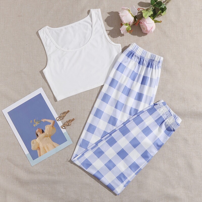 

Gingham Print Tank Pajama Set, Multicolor