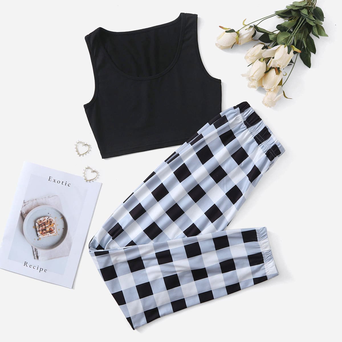 

Gingham Print Tank Pajama Set, Multicolor