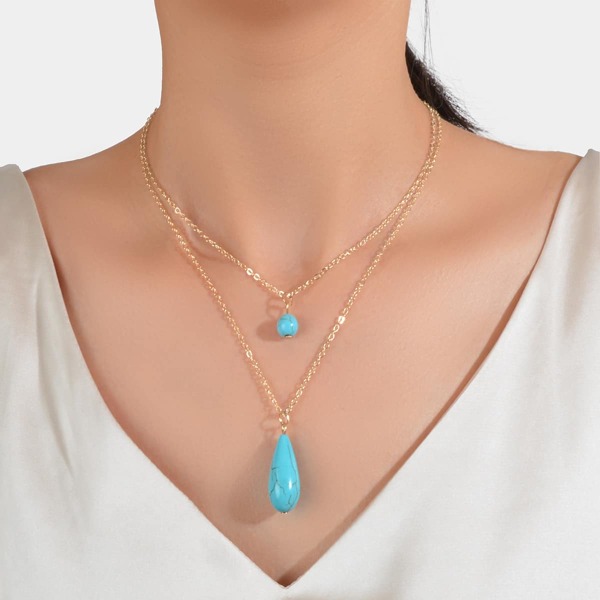 

Water-drop Stone Charm Layered Necklace, Gold