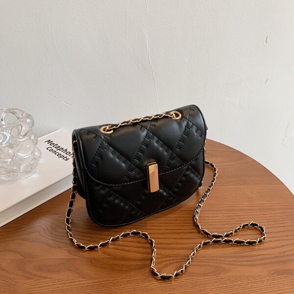 

Quilted Buckle Chain Saddle Bag, Black