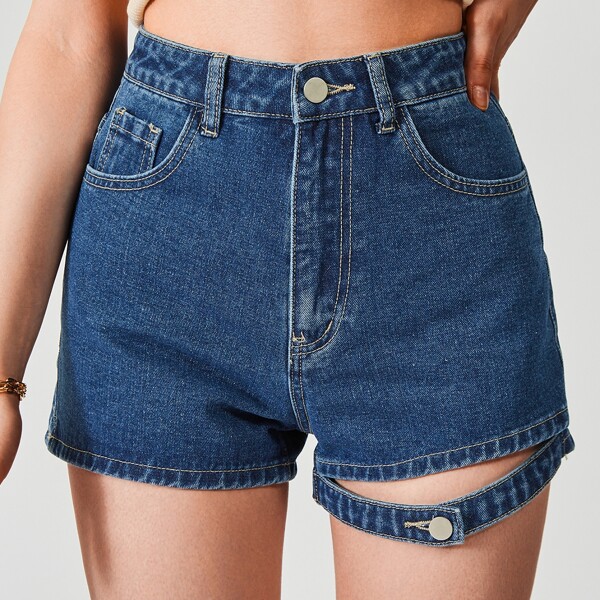 

Cut Out Button Tape Slant Pocket Denim Shorts, Dark wash