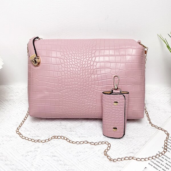 

Croc Embossed Chain Crossbody With Key Case, Pink