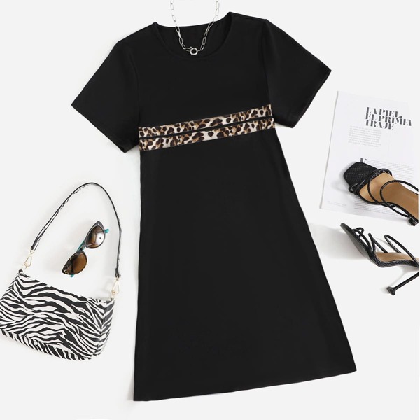 

Plus Contrast Leopard Tee Dress, Black