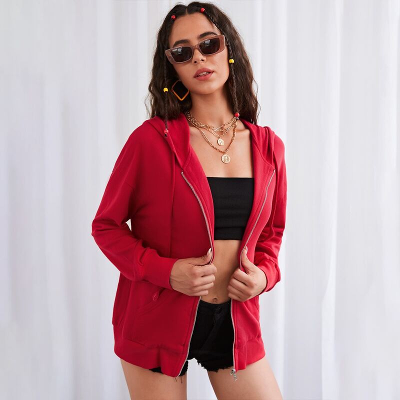 

Zip Up Pouch Pocket Drawstring Hoodie, Red