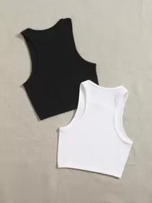 Yoga Basic 2pcs Rib-Knit Sports Tank Top Workout Tank Tops - Black and White - View 2