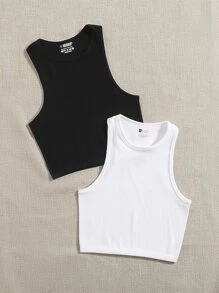 Yoga Basic 2pcs Rib-Knit Sports Tank Top Workout Tank Tops - Black and White - View 4