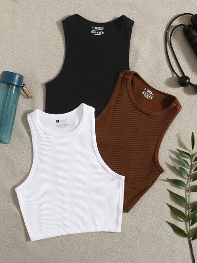 3pcs Rib-Knit Sports Tank Top Workout Tank Tops Fitted Shirt