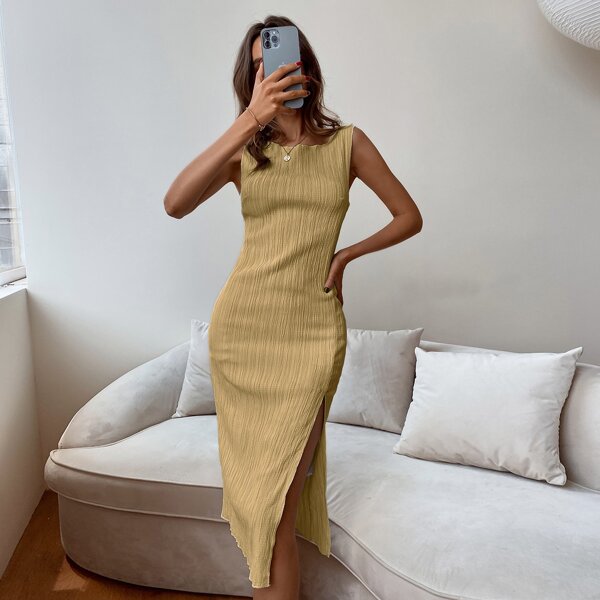 

Split Thigh Solid Textured Dress, Khaki